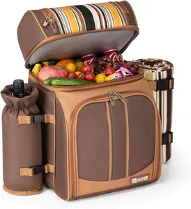Picnic Backpack Cooler for 2/4 Person with Insulated Leakproof Cooler Bag, Wine Holder, Fleece Blanket, Cutlery Set, Perfect for Beach, Day Travel, Hiking, Camping, BBQs, Family and Lovers Gifts