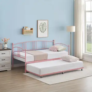 【GARVEE】Pink Sturdy Metal Daybed with Trundle and Steel Slat Support, Twin Trundle Bed with Arched Headboard, Versatile SofaBed for Living Room, Bedroom, and Guest Room
