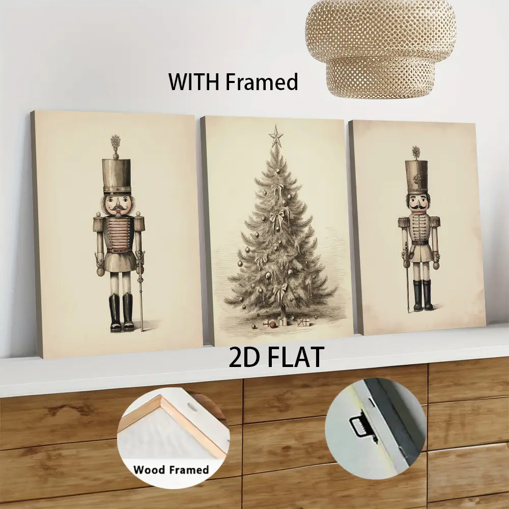 3pcs Framed  Vintage Nutcracker Soldier Decorative Painting European Style Canvas Wall Art with Wooden Frame for Living Room Bedroom Study Home Decoration Modern Minimalist Mural Artwork 2D Flat home