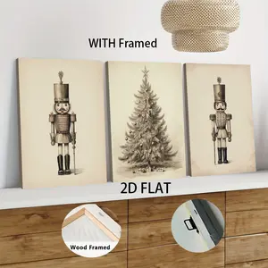 3pcs Framed  Vintage Nutcracker Soldier Decorative Painting European Style Canvas Wall Art with Wooden Frame for Living Room Bedroom Study Home Decoration Modern Minimalist Mural Artwork 2D Flat home