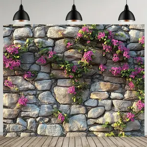 1pc Reusable Vibrant Flower Banner Backdrop - Durable Polyester, Floral Print, Stone Wall Design - Ideal for Birthday Studio Props, Festive Party Supplies, Home Decor (Indoor/Outdoor)