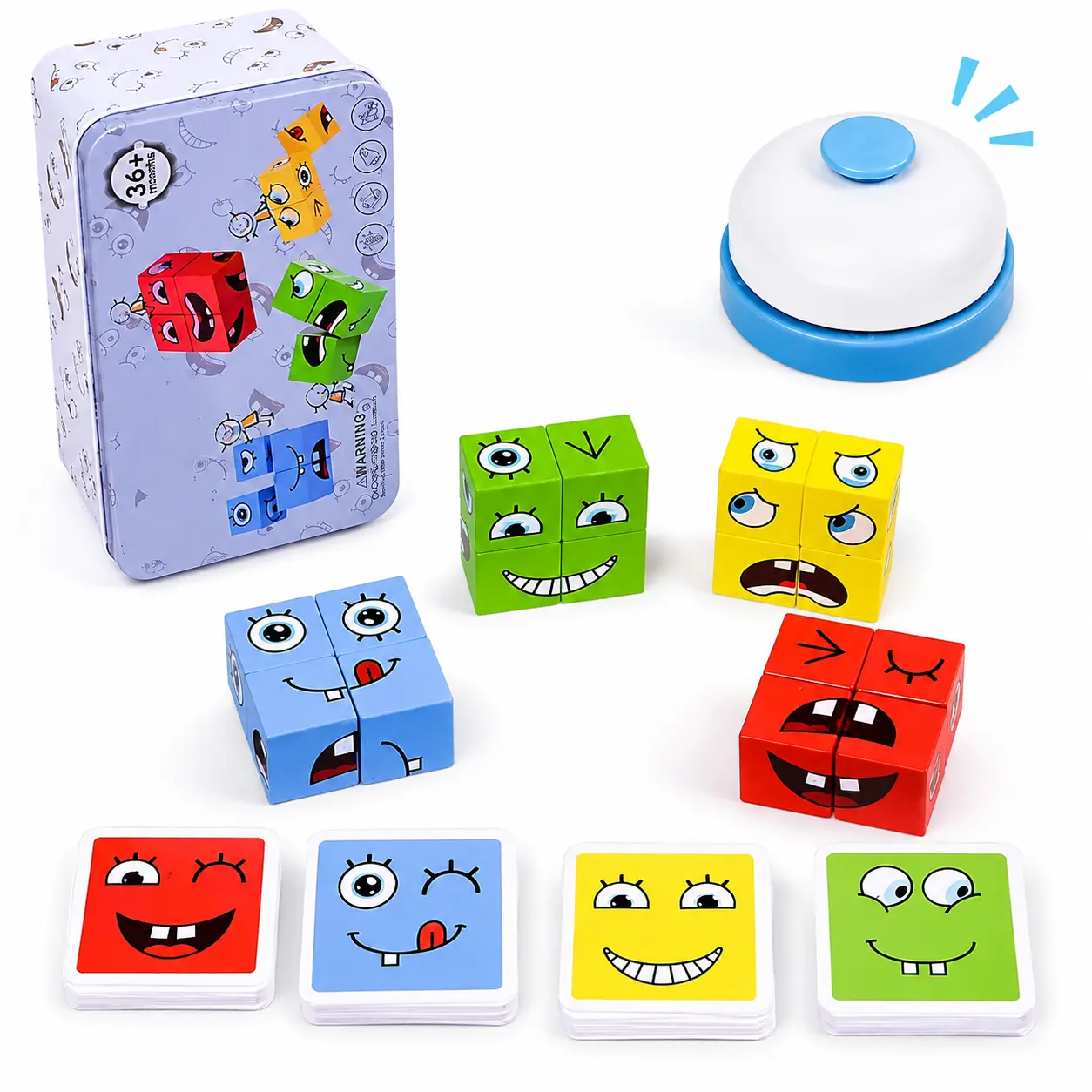 **Wooden Face Changing Magic Cube Game, Expression Matching Puzzle Blocks, Pattern Matching Building Game, Educational Board Game for Kids & Adults, Montessori Learning Toy, Family Game with Bell**