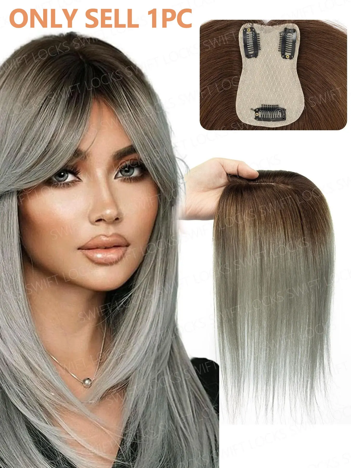 7x11cm Real Premium Human Hair Topper Ombre Color Brown to Grey Hair 8-14inches Natural Looking Hair Natural Straight Hair Center Part no Bangs Hair Replacement Wigs
