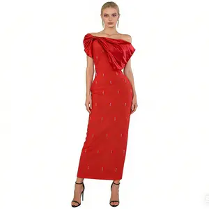 Red Satin Ruffle Off Shoulder Rhinestone Bandage Midi Dress, Bodycon Elegant Cocktail Evening Gown for Women, Sizes XS-L