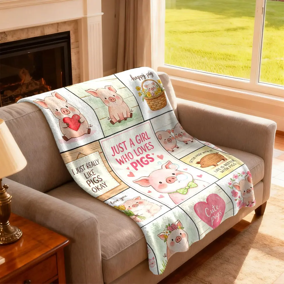 1 piece of watercolor piglet collage blanket cute pet piglet fun slogan print flannel blanket is skin-friendly, soft and machine-washable, suitable for office camping, sofa blanket, bed blanket, suitable for all seasons