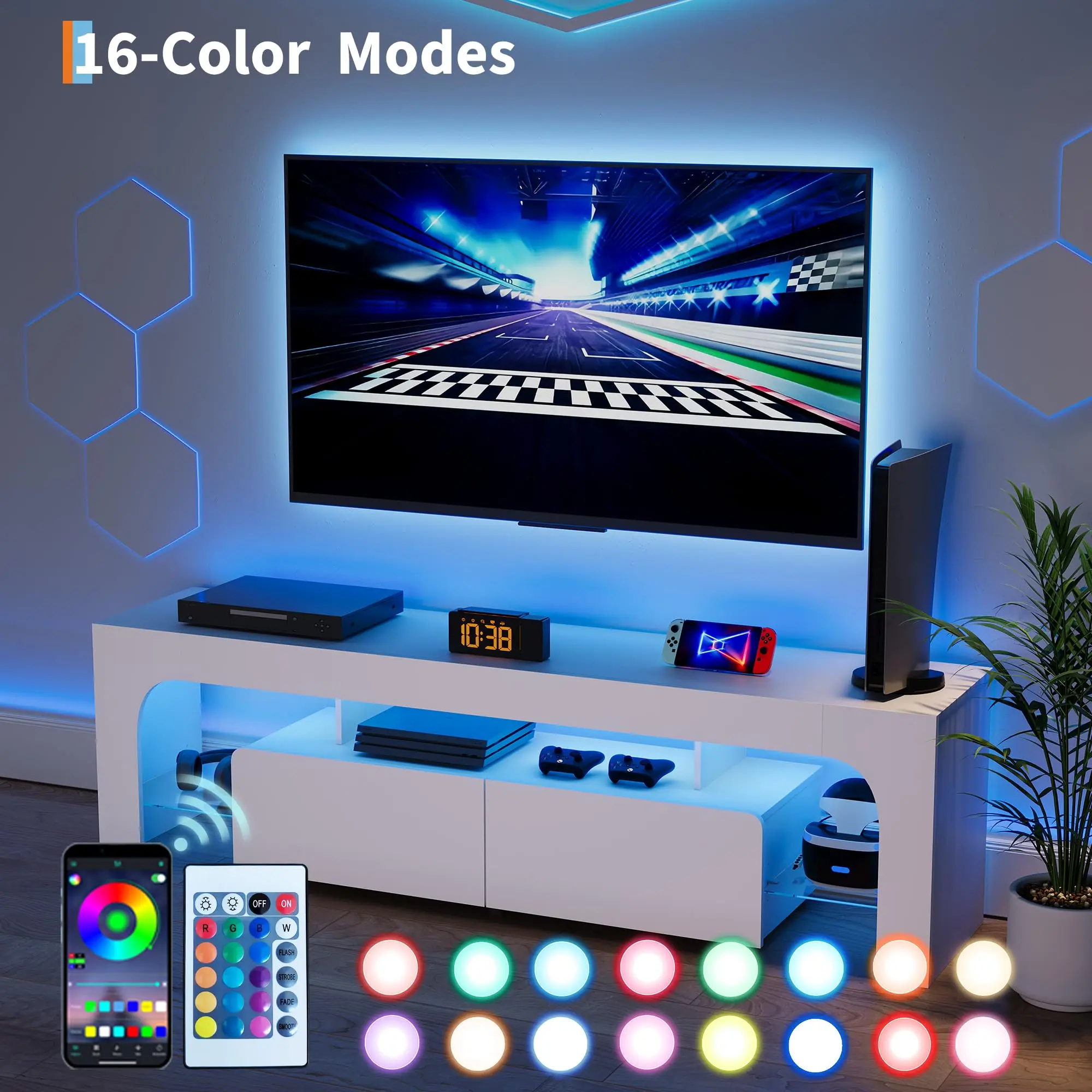 63-Inch Modern Cabinet TV Stand & Multimedia Centre with 2 Drawers, Open Shelf, 16-Color RGB LED Light Remote Control, Media Console for Max 70-Inch Screens in Living Room, Cabinet Tv Stands & Multimedia Centres