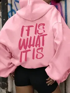 Women's Trendy Hot Pink Long Sleeves Pullover Hoodie Sweatshirts, Adjustable Drawstring, Bold Graffiti "It Is What It Is" Graphic, Cozy Oversize Fit, Ideal for Everyday Street Style & Casual Hangouts