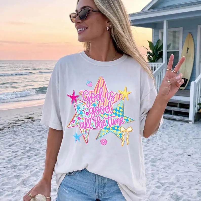  God Is Good All The Time Stars T-Shirt – Colorful Preppy Faith Apparel