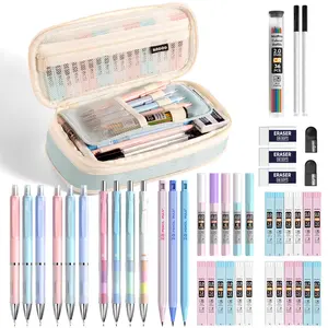 Nicpro 45 Pack Aesthetic School Supplies with Big Capacity Pen Case, Pastel Mechanical Pencils 0.5, 0.7, 0.9, 2mm with 24 Tube Lead Refills(4B 2B HB 2H 4H COLORS) Erasers for Student Writing Drawing