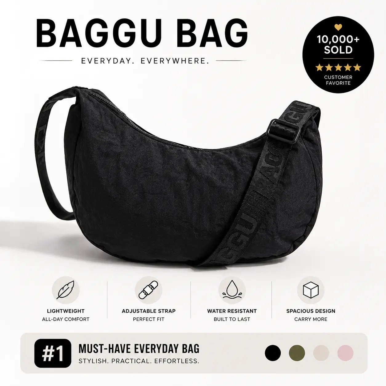 Baggu Bag - Stylish Black Crossbody Bag with Adjustable Strap for Everyday Use