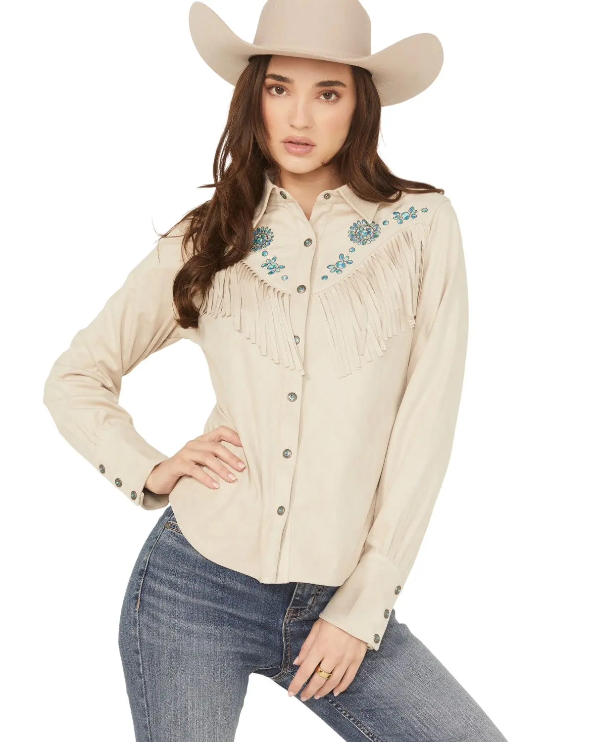 Shyanne Women's Women'S Embellished Faux Suede Long Sleeve Fringe Top - Swfa25k3-Oat