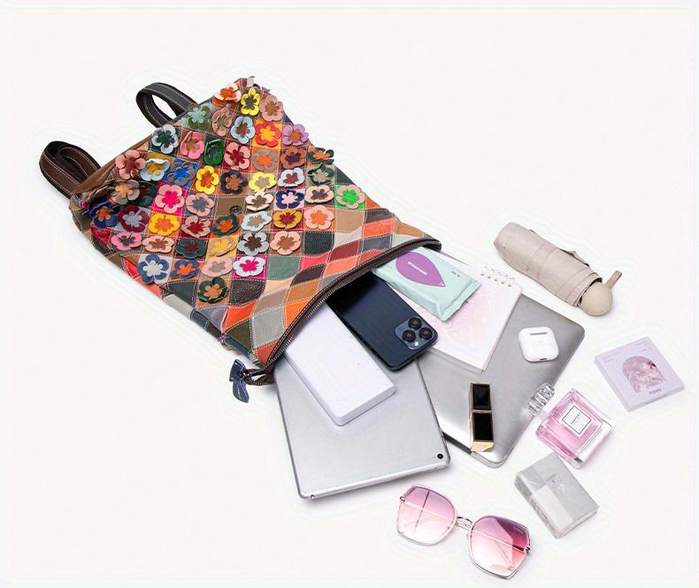 Women's Vintage Patchwork Backpack with 3D Flower Applique and Adjustable Straps