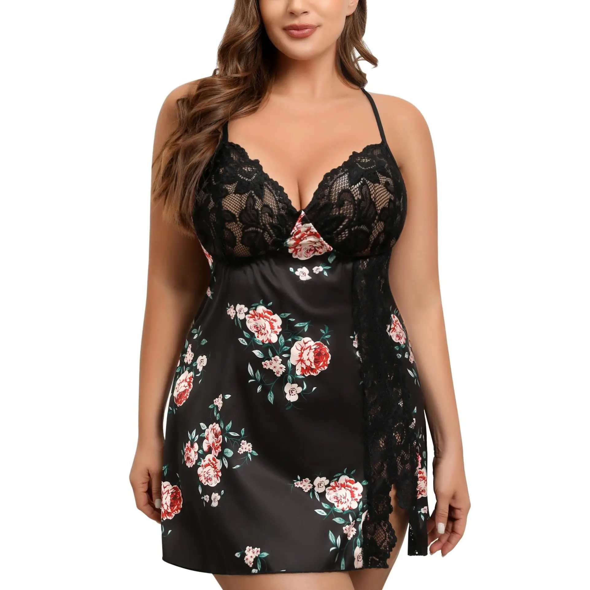 Avidlove Plus Size Women's Satin Fabric Nightgown - Spaghetti Strap Lace Chemise with Side Slit, Matching Nightie for Loungewear & Sleepwear