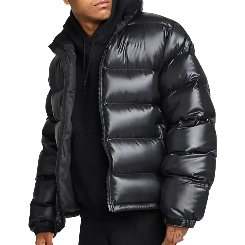 Men's Glossy Black Puffer Jacket Lightweight Winter Zip-Up Warm Coat