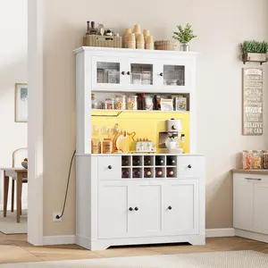 68.7" Tall Pantry Cabinet with LED Light & Charging Station – Large Kitchen Storage Furniture with Countertop, Drawers, Adjustable Shelves – Ideal for Dining or Living Room