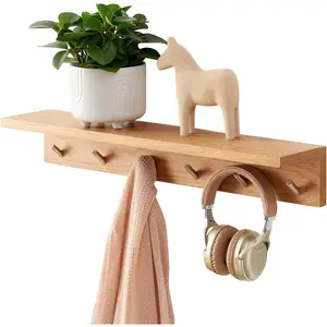 Coat Rack Shelf Wall Mounted Oak  Entryway Shelf with 6 Hooks Wall Coat Hook Rack with Floating Shelf for Bedroom, Living Room, Kitchen (, 27.5 inch)
