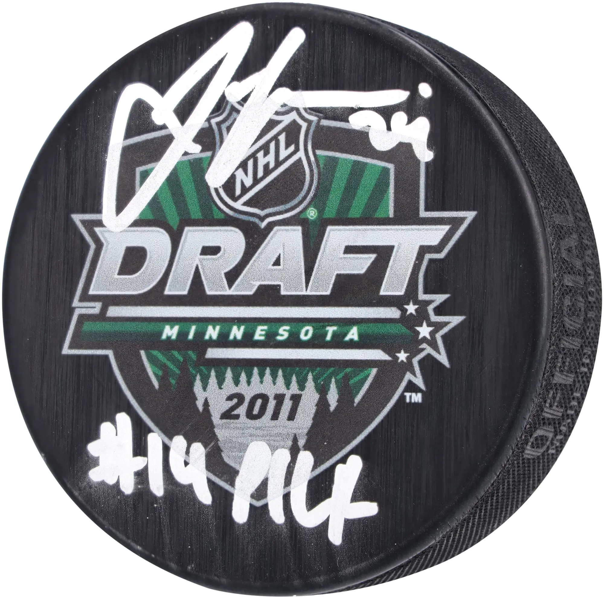 Jamie Oleksiak Seattle Kraken Autographed 2011 NHL Draft Logo Hockey Puck with "#14 Pick" Inscription - Fanatics Authentic Certified