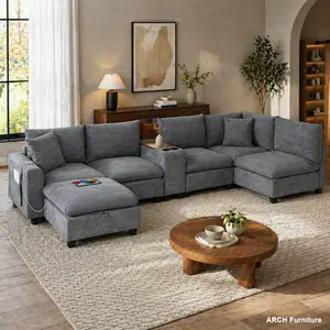 139-in U-Shaped Modular Sectional Sofa with Console, Oversized Corduroy 6-Seat L-Shaped Living Room Couch, Wide Seats, USB Charger, Cup Holders, Movable Ottoman, Storage Pockets, Living Room Sofas, Sofas Living Room