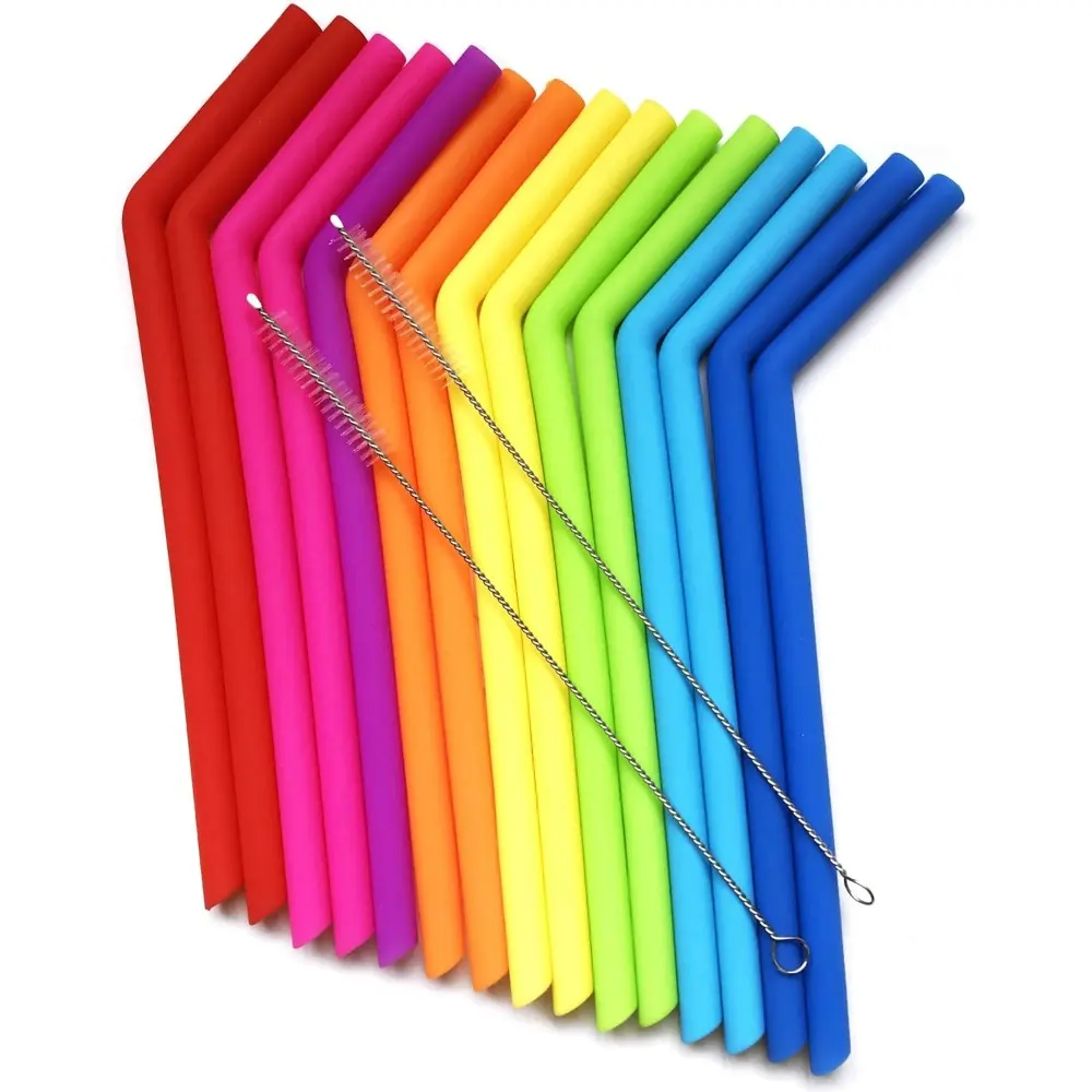 Reusable Silicone Drinking Straw Combo - 10 Inch Long, 0.3 In Outer Diameter Regular Size, BPA-Free, Flexible, Odorless, Toddler-Friendly, for 20 oz-30 oz Yeti & Any Kind of Drinks, 2 Cleaning Brushes, Kitchenware Bar Utensils, Drinking Straws, Set