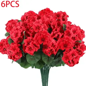 6Pcs Artificial Geranium Flowers for Outdoors, Geranium Silk Red Flower, Outdoor UV Resistant Garden Plants, Faux Decorative Flowers for Christmas Home Kitchen Table Centerpieces Decor