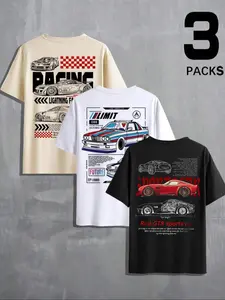 Men's Race Car Print Round Neck Tee, Casual Letters Print Regular Fit Casual Short Sleeve Crew Neck T-shirt for Summer, Fashion Men's Top for Daily Wear, Tropical, Casual Graphic Design