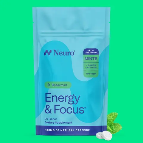 Neuro Spearmint Extra Strength Energy & Focus Mints (90 Pieces) - Sugar Free with Natural Caffeine, L-theanine, Vitamin B12 & Vitamin B6