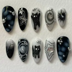 Ghostcore Stars Press-On Nails, B&W Goth Aesthetic, Sparkles & Cartoon Ghosts, Alt Girl, Trendy 3D Press-Ons, Halloween Inspired Nails Holly