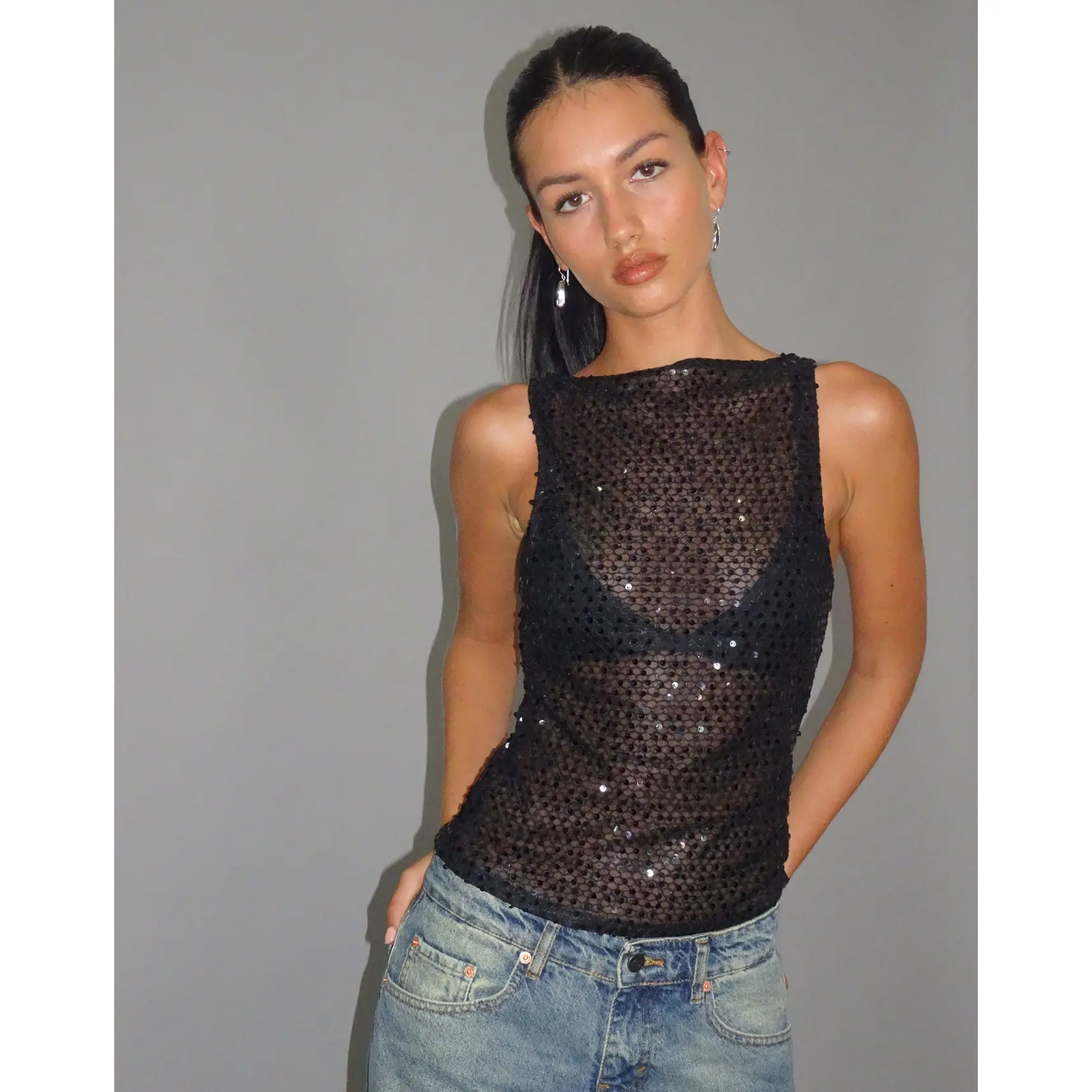 Dudley Vest Top in Sequin Knit Black