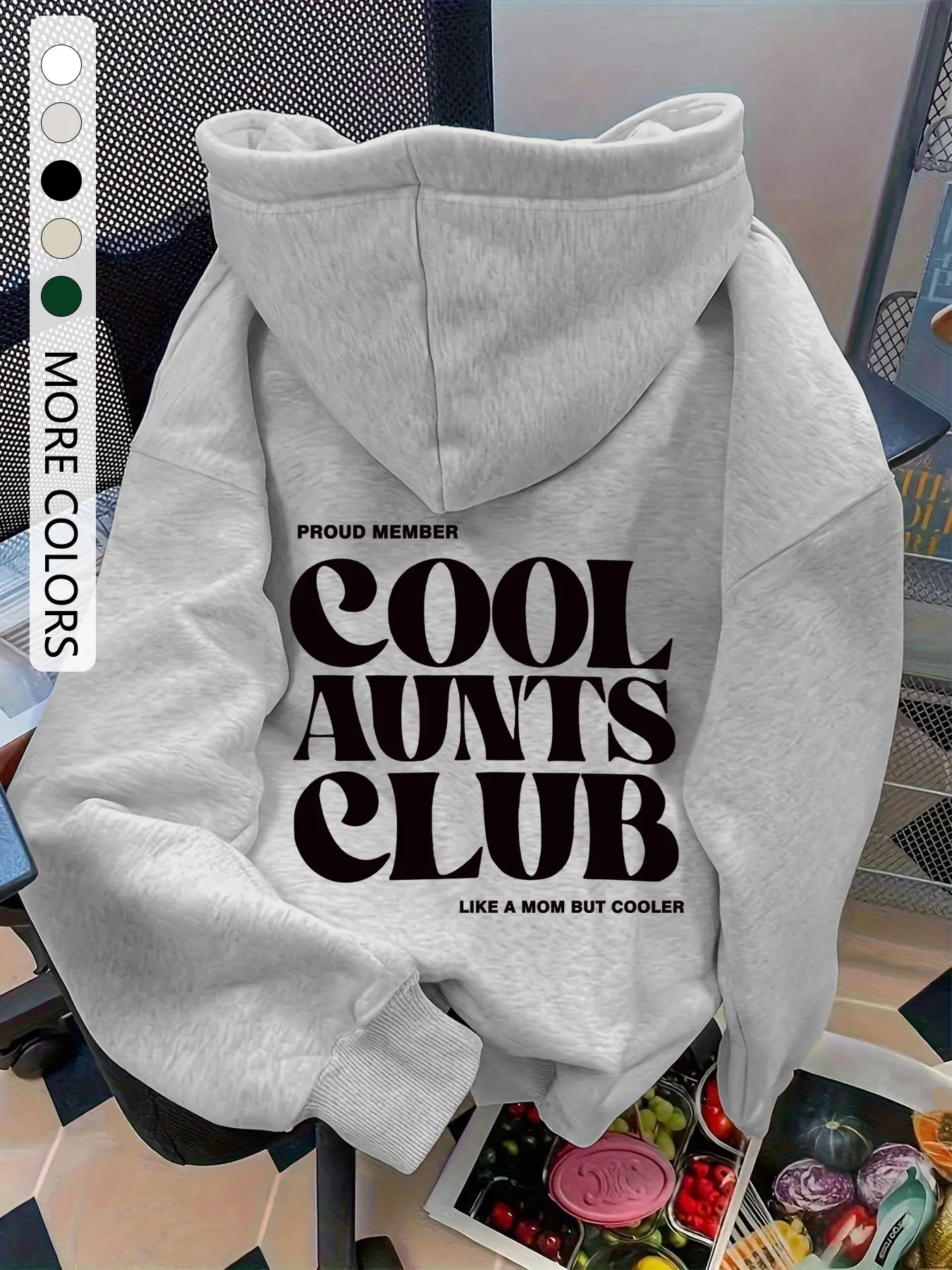 Women's Casual Sweatshirt Hoodie, Cool Aunts Club Print Drop Shoulder, Fashionable Drawstring Pocket, Fall & Winter Wear, Wearable Hooded Sweatshirt
