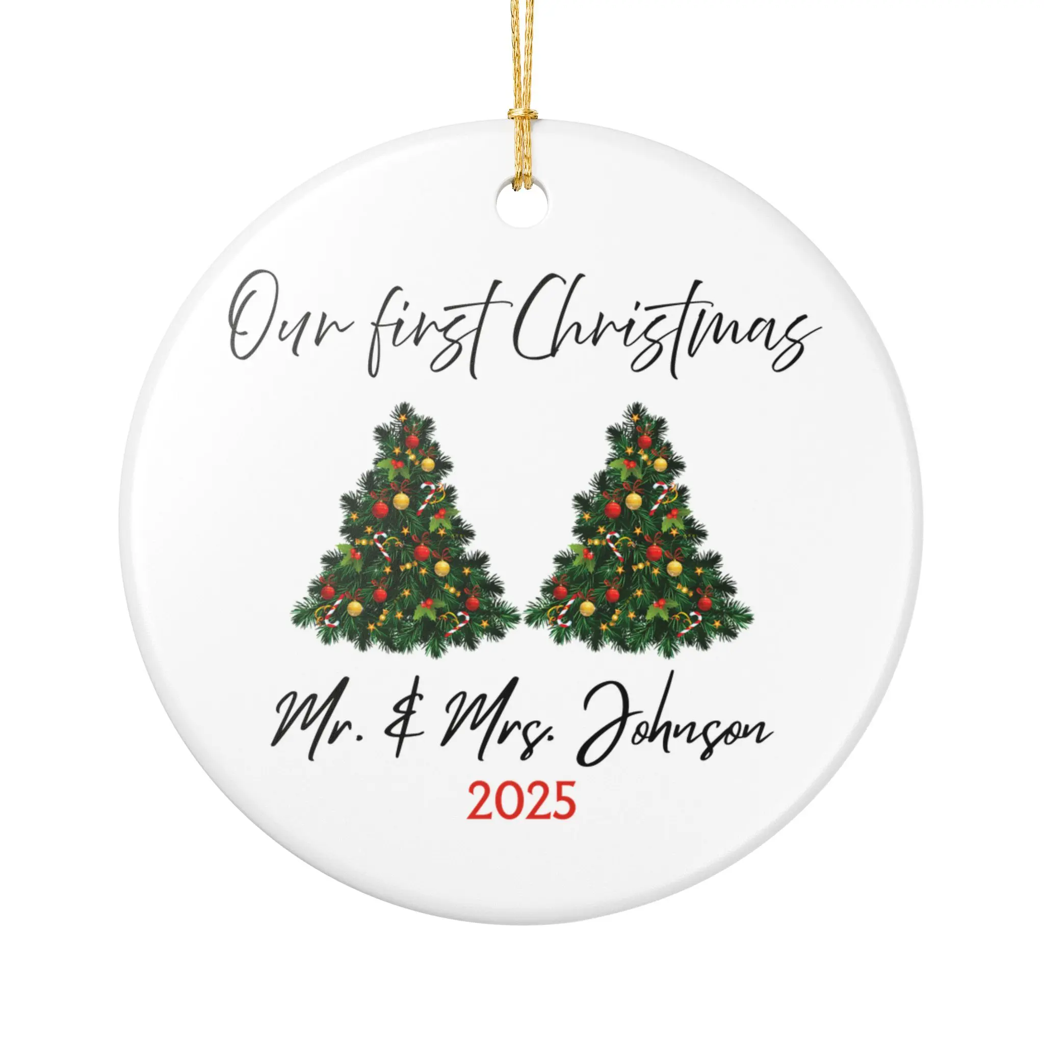 Our First Christmas Double Trees Ornament, Personalized Ceramic Holiday Ornament, Custom Name & Year, Keepsake Christmas Gift