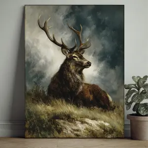 2D flat, 1-piece framed canvas painting by Edwin Lansay, < King of the Canyon >   Stag - Comic-style Scottish wilderness artwork, with a wrap-around wooden frame, suitable for office or gallery decoration, 2D flat