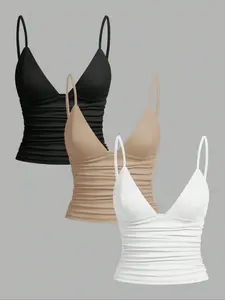 3-Pack V-Neck Slim Fit Camisole Tops for Women, Hot Girl Style Slimming Cropped Cutout Waist Sleeveless Tops, Slim Fit, Flattering and Versatile Sleeveless Base Layer Tops in Multiple Colors, Perfect for Nightclub and Party Outfits