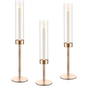 Hurricane Candle Holders, Set of 3 Glass Taper Candlestick Holders Metal Candle Stands Bulk with Glass Cover for Dining Tables Wedding Candelabra Centerpieces Decor