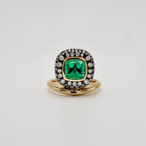1.5 Carat Cushion Emerald Donut Ring with Pave Diamonds in 18K Yellow and Blackened Gold