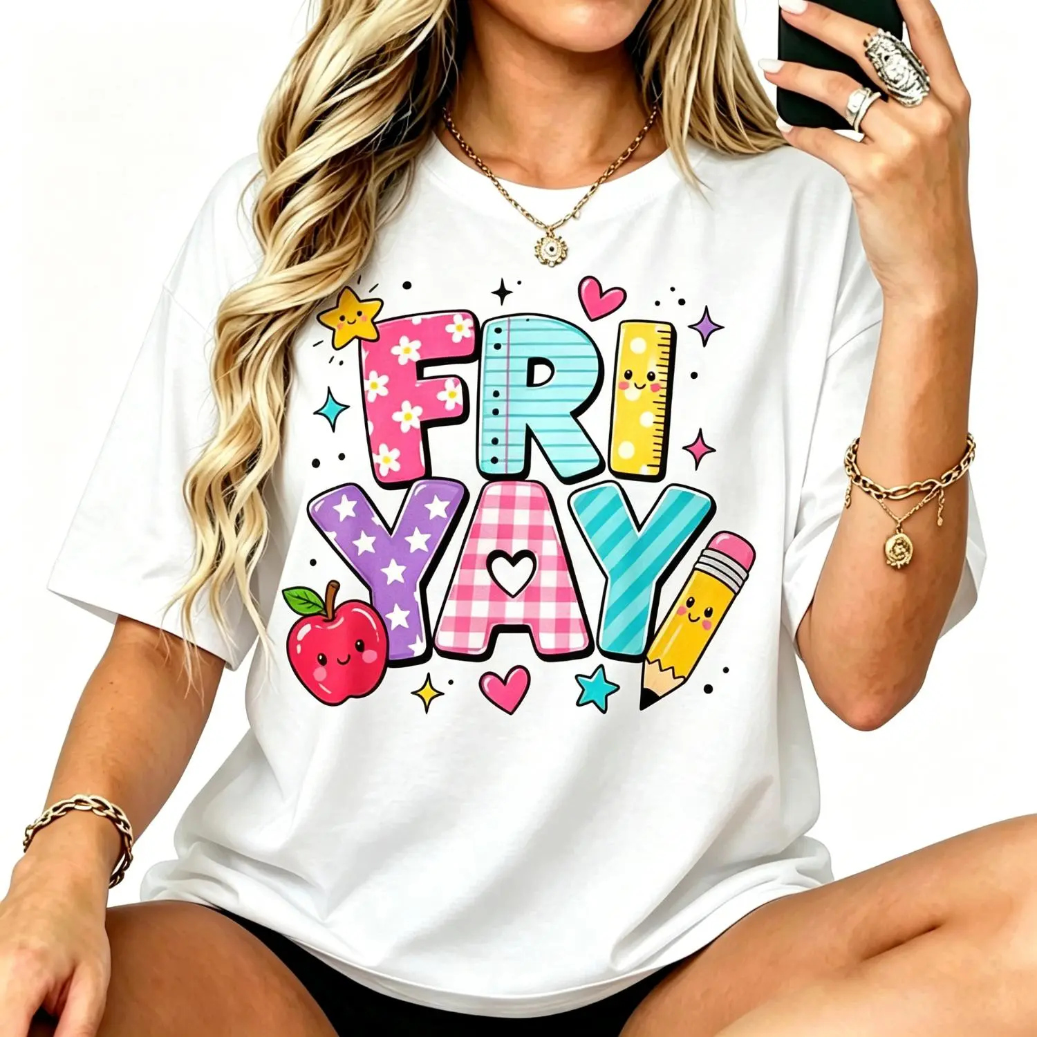 Women Fri-Yay Teacher Cotton T-Shirt Back to School Friday Weekend Short Sleeve for Casual