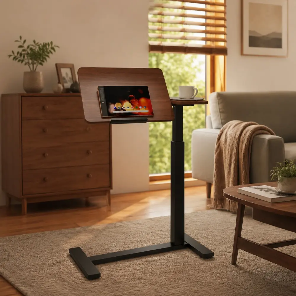 Littleox  Mobile Adiustable Standing Desk,Overbed bedside desk with Flip Desktop and 4 Wheels, Height & Angle Adjustable Rolling Laptop table,Portable Over Bed Desk for Home, Office, Study, Walnut + Black
