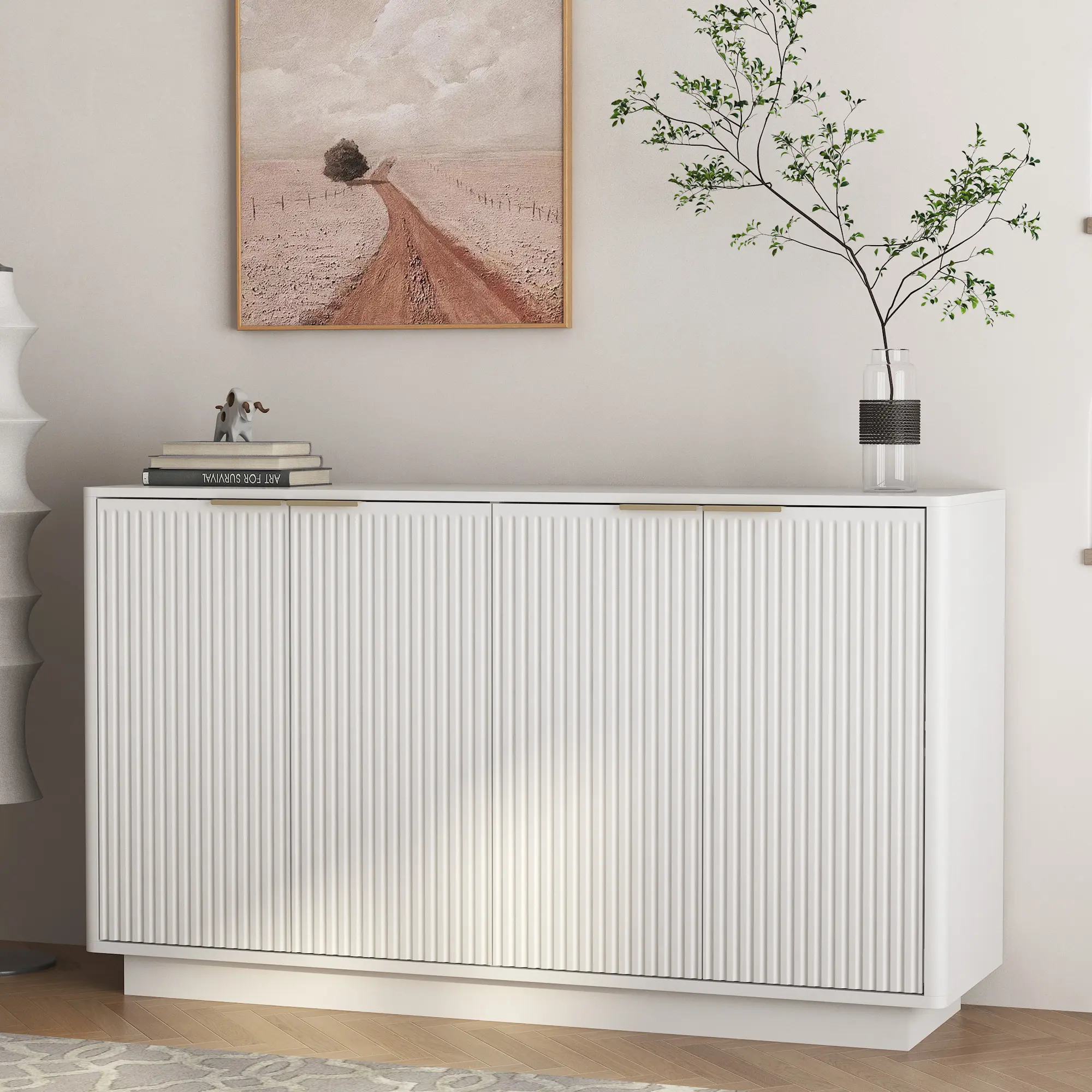 White Fluted Sideboard Buffet Cabinet, Large Credenza w/Adjustable Storage Shelves, Modern Console Table for Dining Room Entryway, Easy Assembly