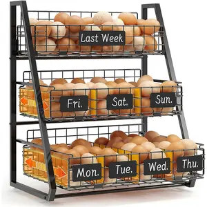 Upgraded 3-Tier Pull-Out Countertop Egg Holder with Removable 5 Dividers & Date Plate, Large Egg Basket for Storing Fresh Eggs, Kitchen Storage Organizer, Size 16.7"x16.6"x11.3"