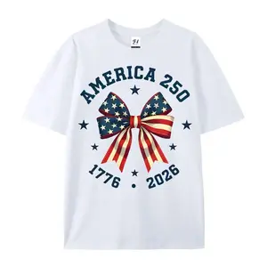 America 250 Stars And Stripes Bow Print T Shirt White Crew Neck Casual Top For Independence Day Celebration #SummerVibes