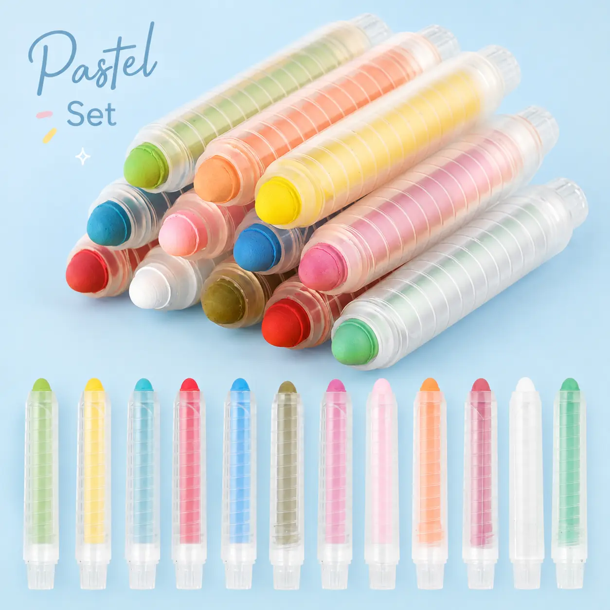 12-Color Chalk Set with Holders, Low-Dust Drawing Chalk for Chalkboards, Easel Boards, Smooth Surfaces, Classroom and Home Art Activities