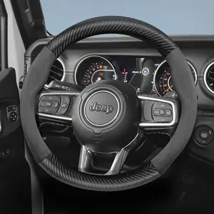 Carbon fiber texture leather suede steering wheel cover accessory for Jeep, ultra-thin, non-slip, breathable, and protective. For Wrangler, Grand Cherokee, Cherokee, Compass, Renegade, Gladiator, Wagoneer, Grand Wagoneer, Patriot, Liberty