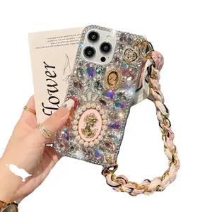 Iphone 17/15 Pro phone case with rhinestone design, suitable for iPhone 16, silk scarf/wristband, full rhinestone luxury protection.