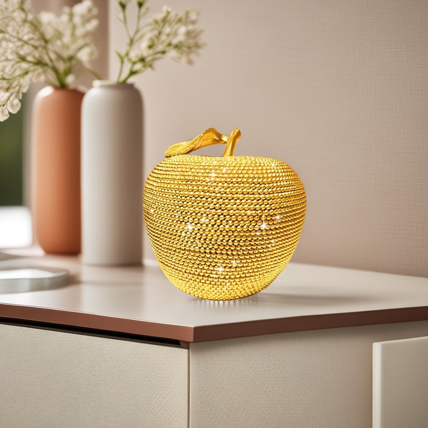 Luxury Golden Beaded Apple Decor | Bling Beaded Fruit Sculpture for Glam Home Office & Wedding Tabletop
