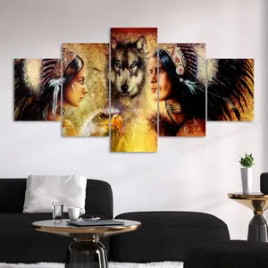 Native American Pattern Canvas Painting, 5 Counts/set Vintage Indigenous Character Wall Art, Western Wall Art, Wall Art Decor for Home Living Room Bedroom Office, Ornaments, Modern Home Decor