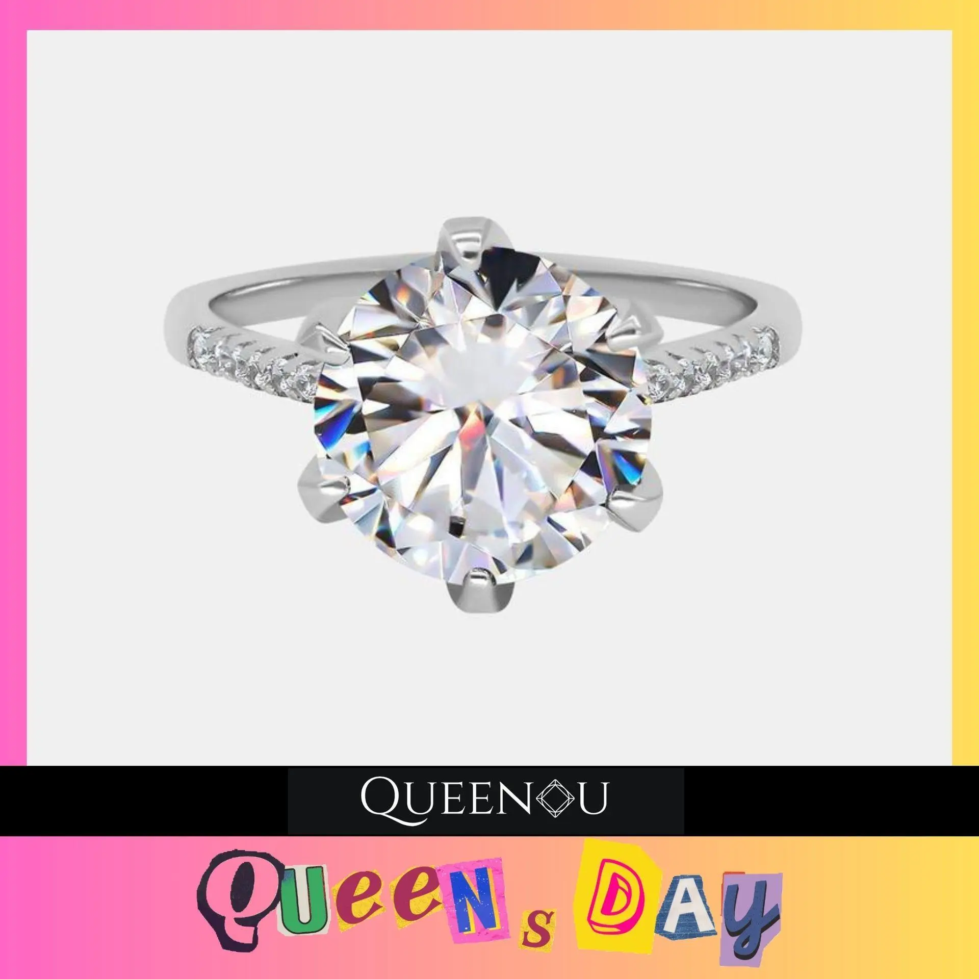 【409】October QUEENSDAY "Deck The Hall"  5 Carat Synthetic Moissanite 6-prongs Paved Ring - Luxurious and Classic Choice for Engagement, Wedding, or Special Events