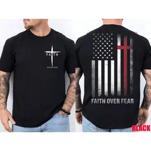 Faith Over Fear Cross Christian USA Flag Vibes Graphic Tee - American Jesus Double Sided Patriotic Faith T-Shirt