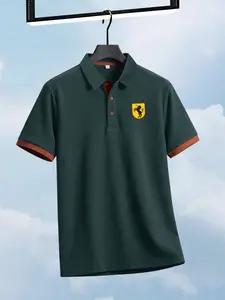 Men's Fashion Print Polo Shirt, Creative Simple Horse Pattern Short Sleeve Collared Top, Collar and Color Block Sleeves, Summer Casual Golf Shirt