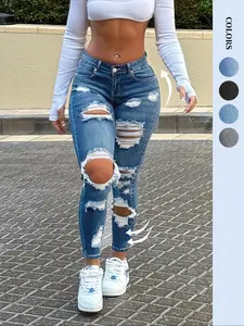 Women's Plain Ripped Destroyed Woven Button Denim Jeans, Fashion Casual Tight-fitting Trousers for Daily Outdoor Wear, Ladies Bottoms for Spring & Fall