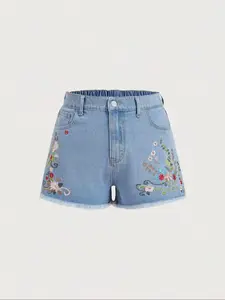 【plus Size】floral Embroidery Denim Shorts, Casual Fashion Pocket Design Shorts for Daily Outdoor Wear, Women Plus Clothing for Summer, Womenswear, Cute Jean Shorts, Bottom, Casual Fashionable Shorts, Lady Clothe, Casual Boho Shorts