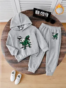 Boys' Fleece Hoodie Set with Dinosaur Print, Casual Fall & Winter, Comfortable Jogger Pants, Ideal Gift for Kids, Outfit